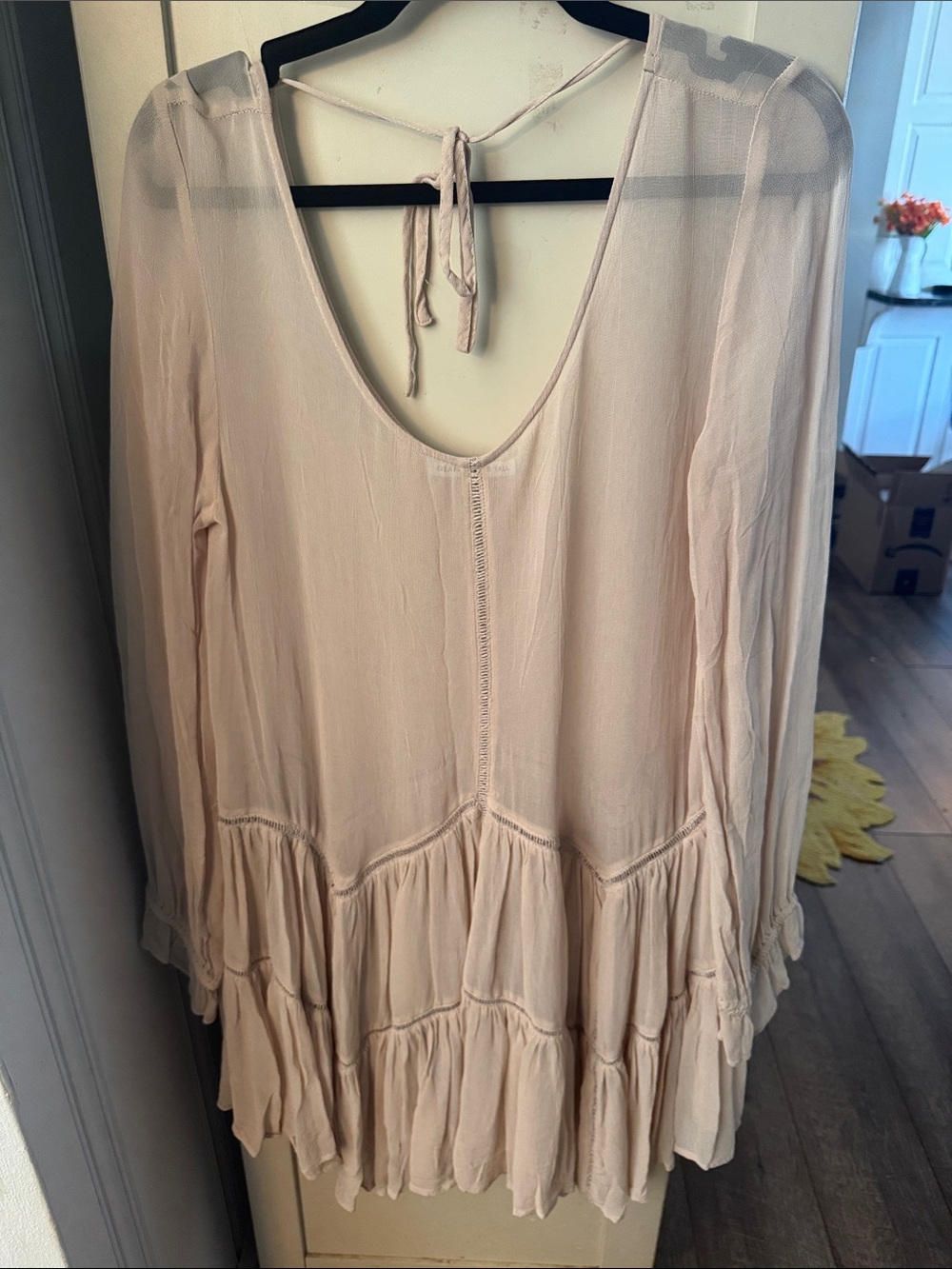 Flowy Cream Peasant Tunic with Tie-Back
